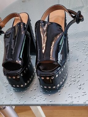 Black Patent Platform Peep-Toe Slingback Heels